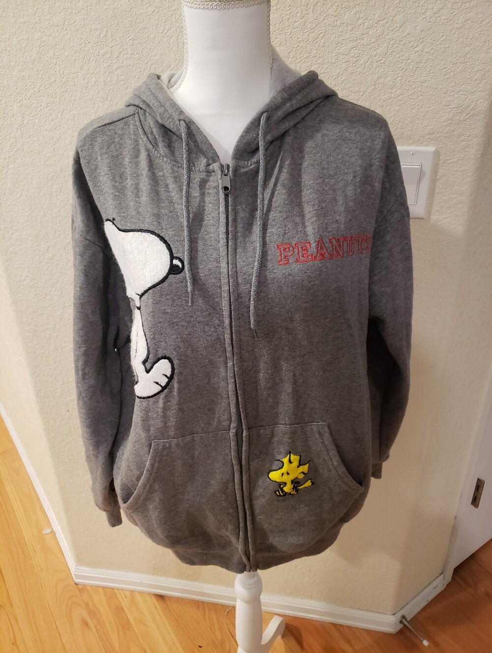 Peanuts Women's Gray Zip-Up Hoodie with Snoopy & Yellow Woodstock